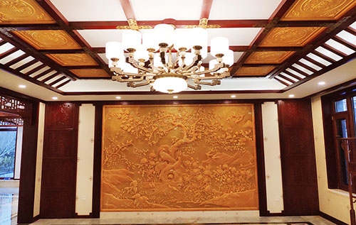 靖西中式别墅客厅中式木作横梁吊顶装饰展示