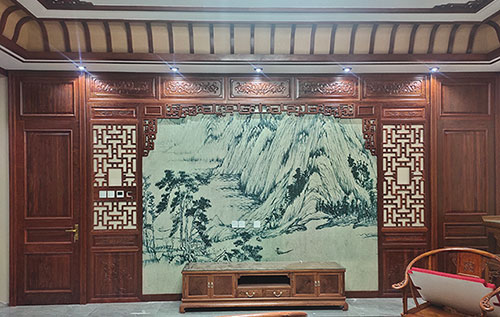靖西中式仿古别墅客厅背景墙花格木作装饰